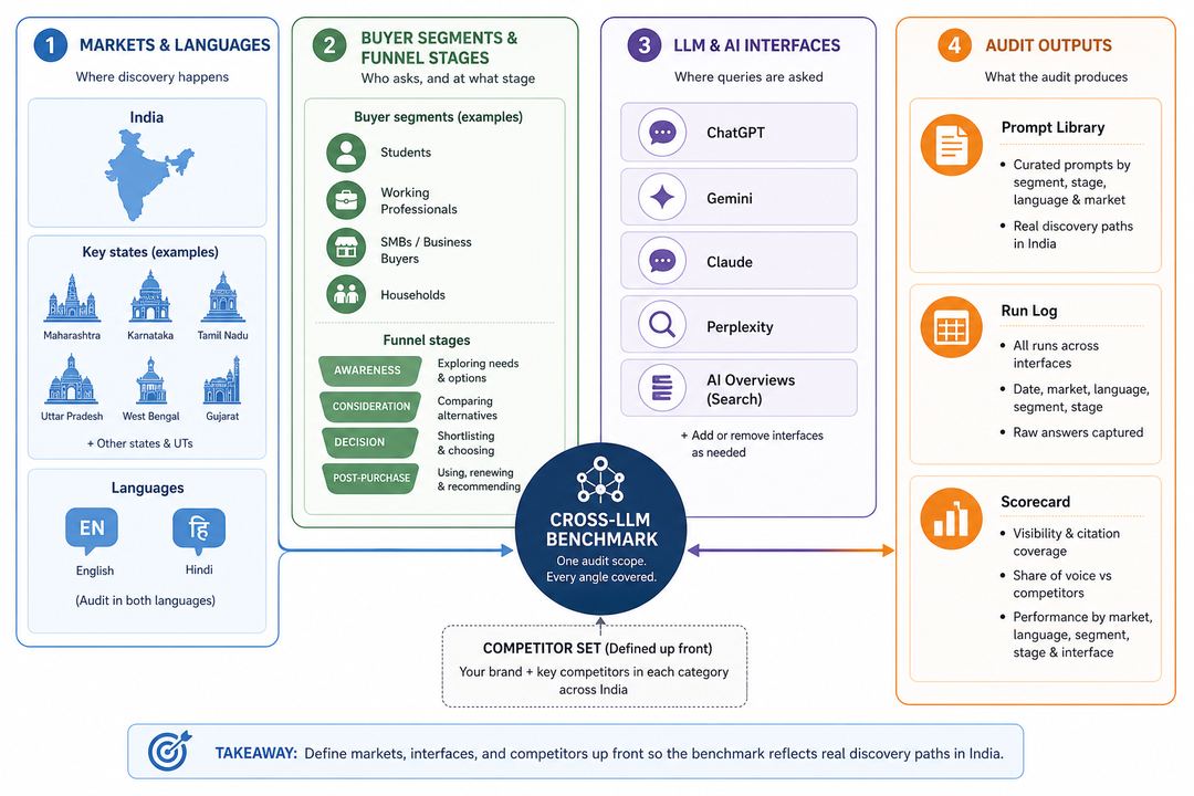 Flow diagram mapping Indian markets, buyer segments, LLM interfaces, and competitors into a structured cross-LLM audit scope.