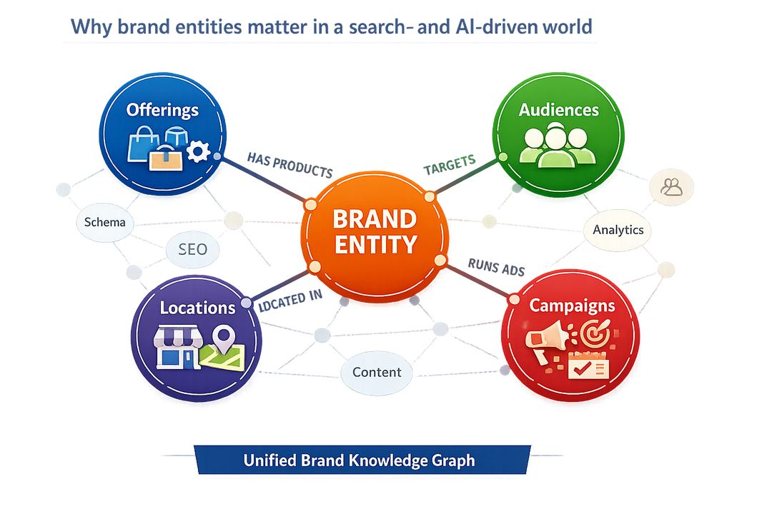 Infographic showing a central brand entity connected to offerings, audiences, locations, and campaigns as a knowledge graph.