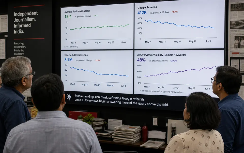 Editorial leaders at an Indian publisher reviewing analytics dashboards that show stable Google rankings but declining referral sessions.
