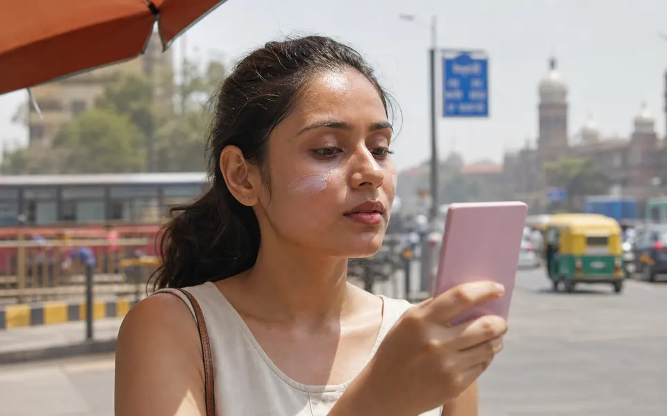 Indian woman applying sunscreen and adjusting lightweight makeup outdoors in harsh summer sunlight, with visible heat haze in the background.