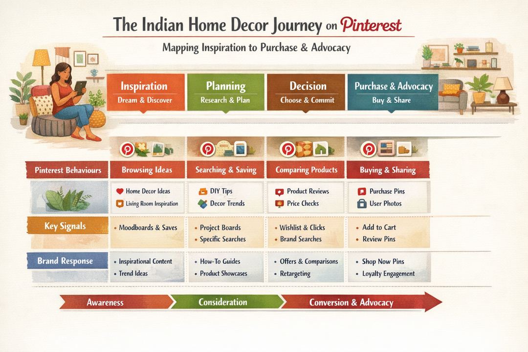 Infographic showing the Indian home decor journey mapped to Pinterest behaviours, from inspiration to purchase and advocacy.