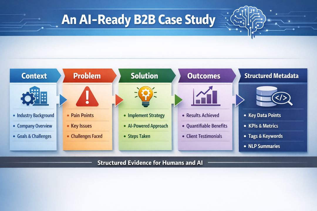 Infographic diagram of an AI-ready B2B case study, showing stages from context and problem to solution, outcomes, and structured metadata.