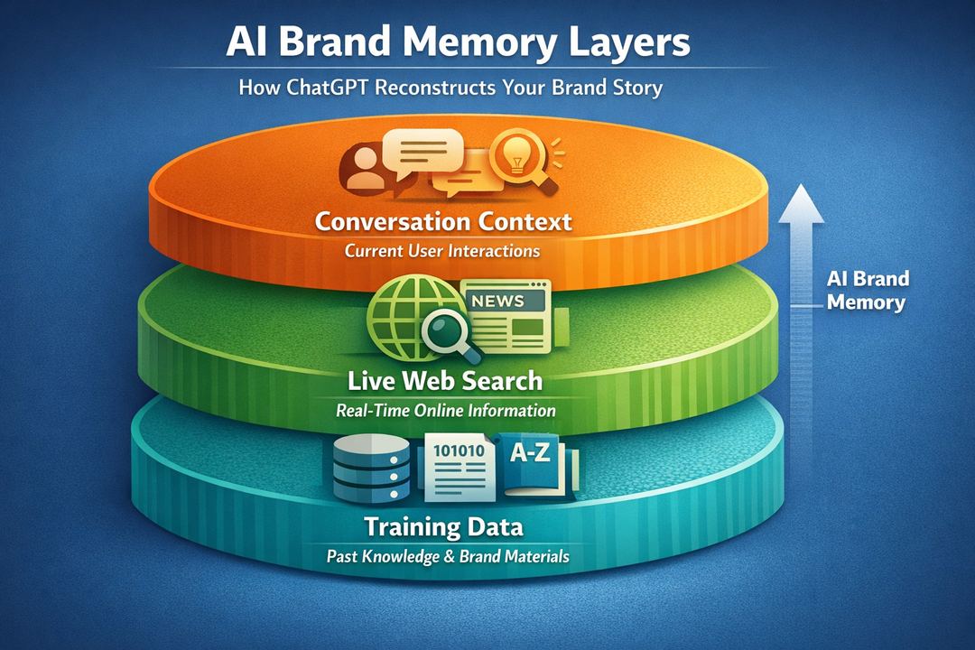 Infographic diagram showing three layers of AI brand memory: training data, live web search, and conversation context.
