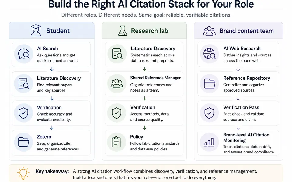 Infographic comparing AI citation tool stacks for a student, a research lab, and a brand content team.