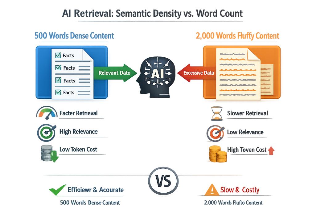 Infographic comparing dense 500-word content vs fluffy 2,000-word content for AI retrieval
