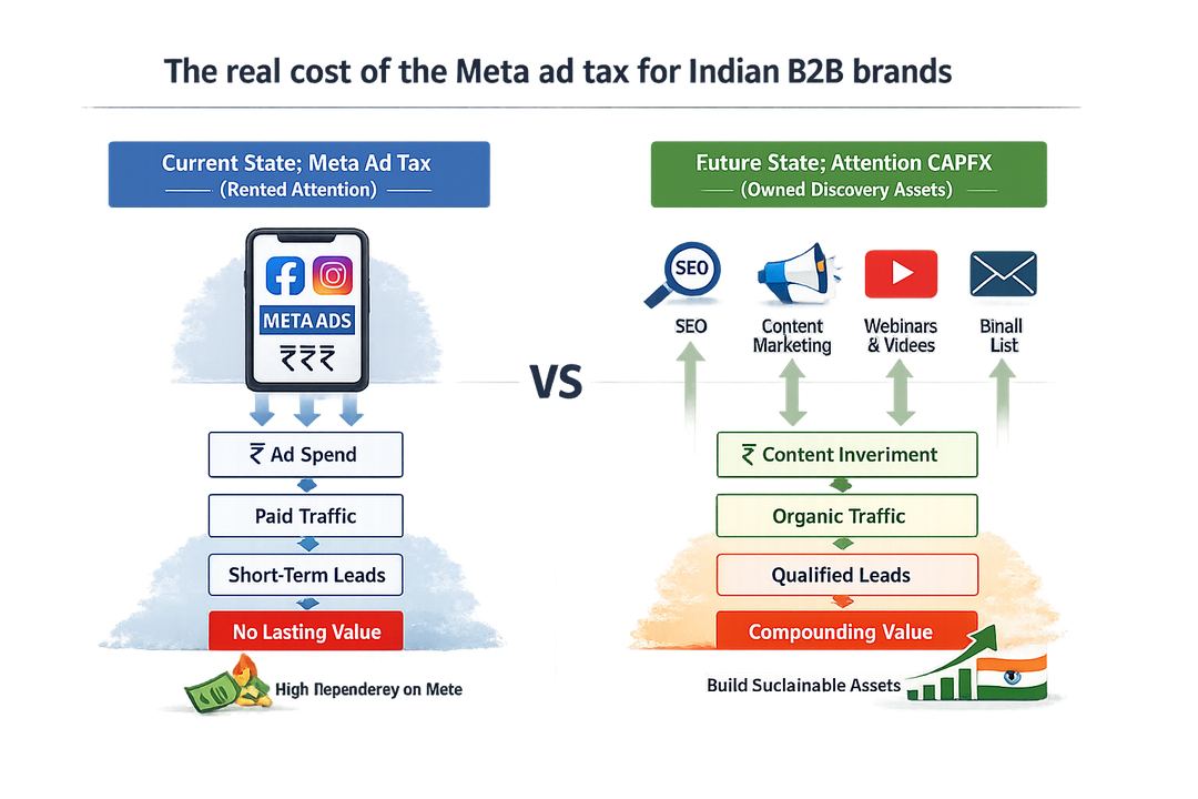 Infographic comparing Meta ad tax (rented attention) vs attention CAPEX (owned discovery assets) for an Indian B2B brand
