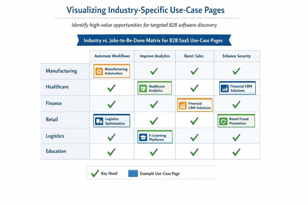 Infographic grid showing industries on one axis and jobs-to-be-done on the other, with example industry-specific use-case pages highlighted.