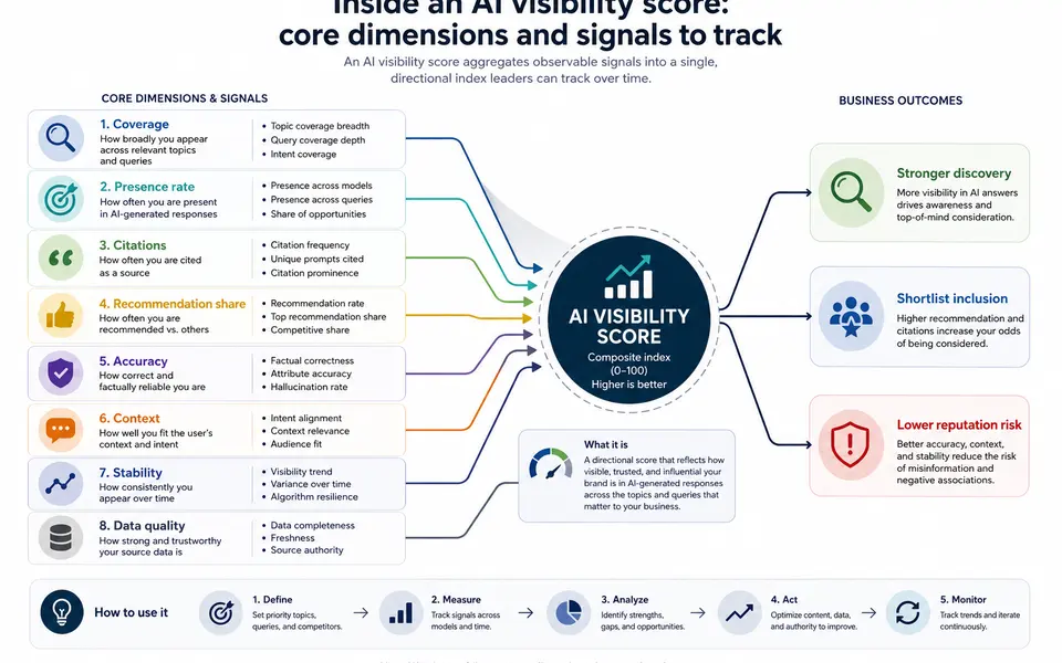 Infographic showing multiple AI visibility dimensions feeding into a single composite score that links to business outcomes.
