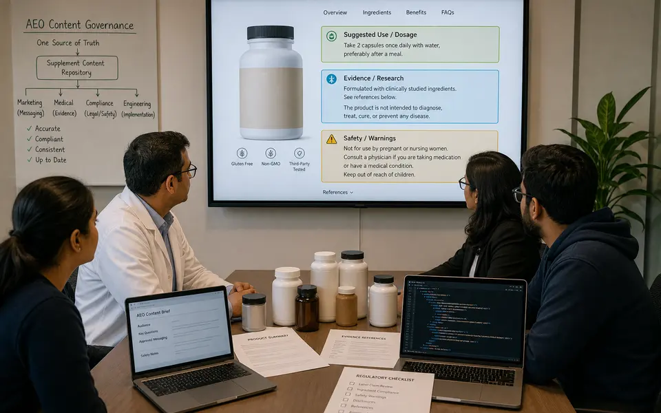 Indian marketing, medical, compliance, and engineering team members collaborating around laptops and printed supplement packs while reviewing content on a large screen.
