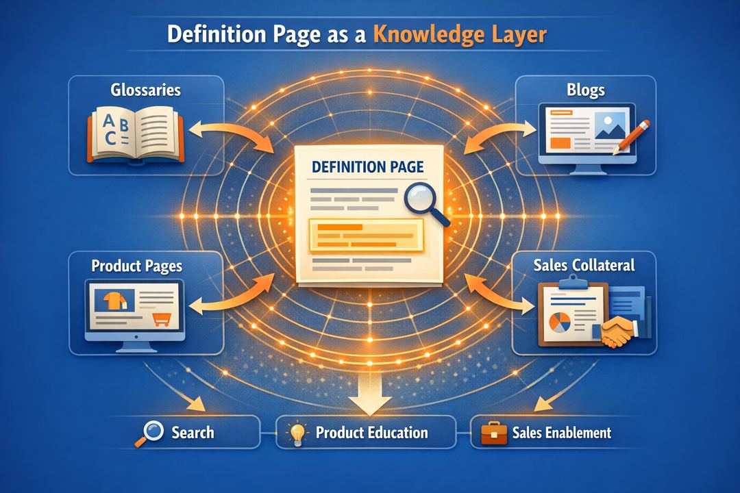 Infographic showing a definition page at the centre, connected to glossaries, blogs, product pages, and sales collateral as a shared knowledge layer.