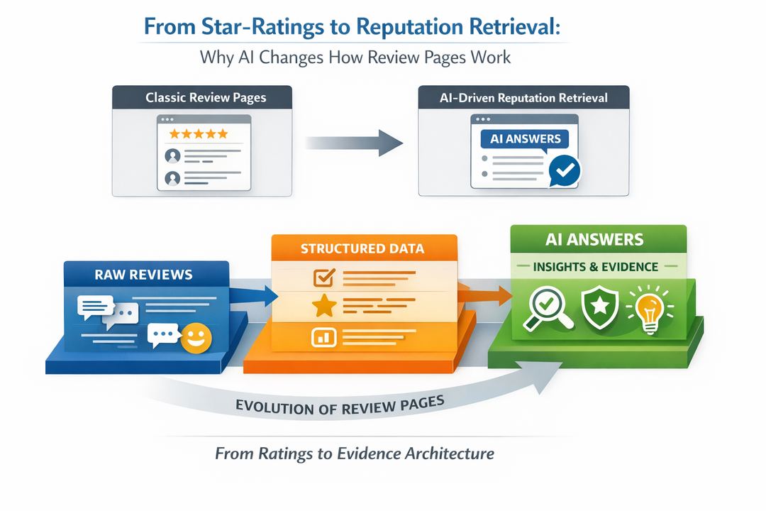 Infographic diagram showing evolution from classic review pages to AI-ready reputation retrieval with layers for raw reviews, structured data, and AI answers.