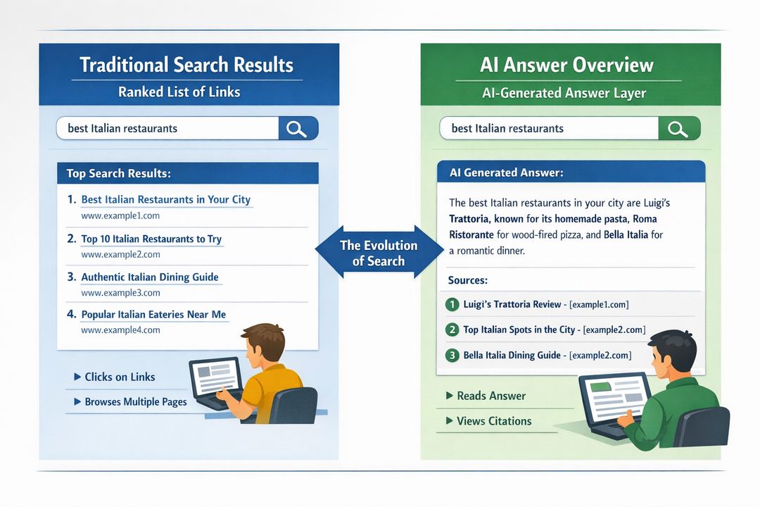 Infographic showing the evolution from classic ranked search results to AI-generated answer layers with citations.