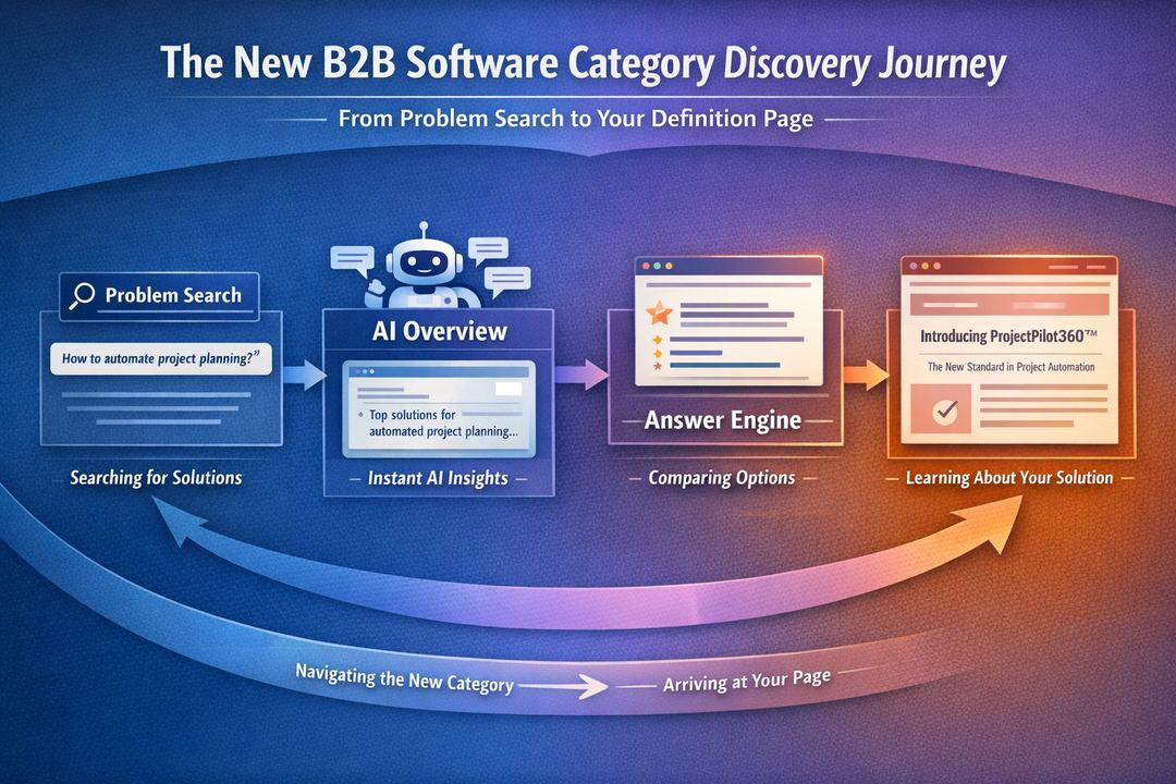Infographic of a new B2B software category discovery journey, from problem search through AI summaries to visiting the vendor’s definition page.