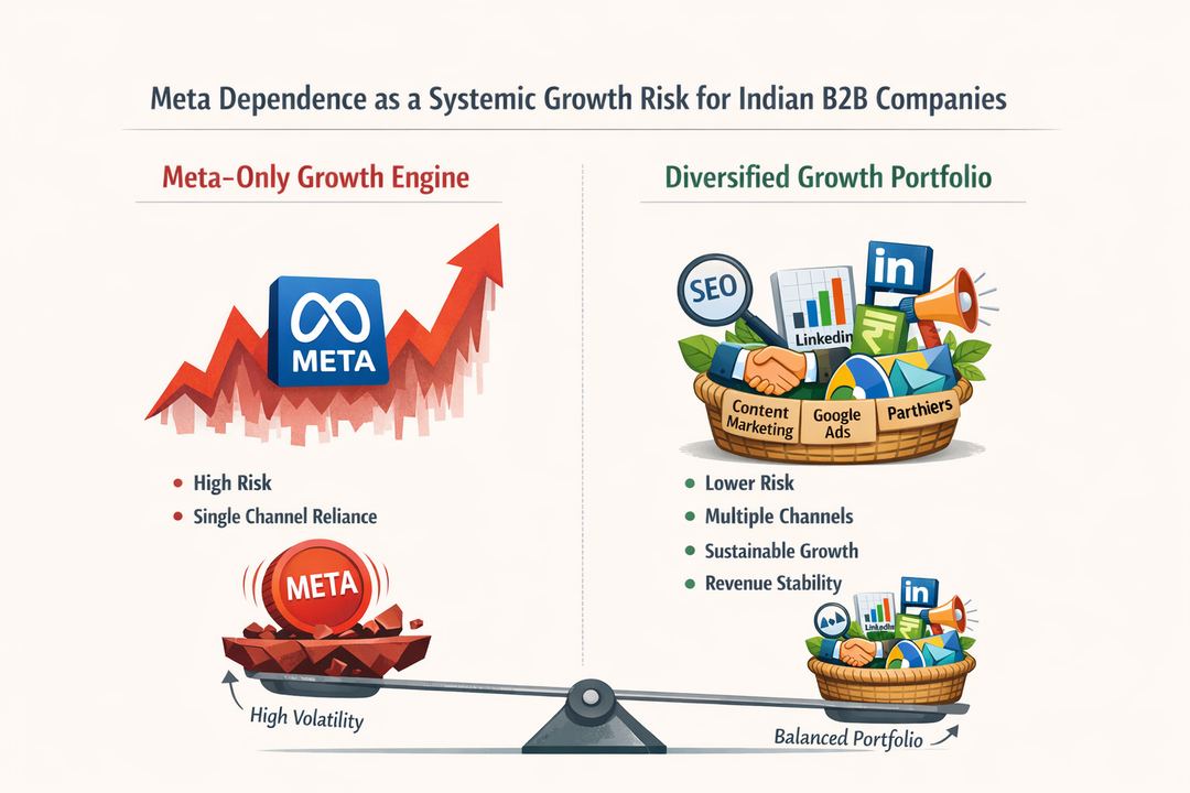 Infographic diagram comparing a Meta-only growth engine to a diversified portfolio for Indian B2B companies