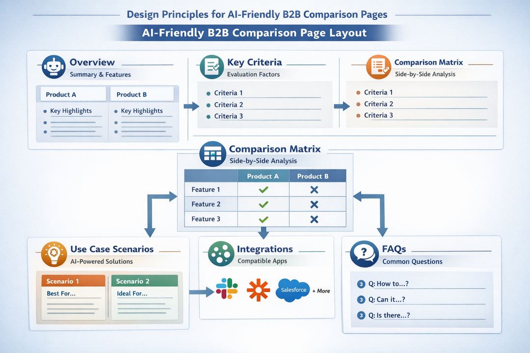 Infographic-style layout of an AI-friendly B2B comparison page showing sections for overview, criteria, matrices, scenarios, integrations, and FAQ.