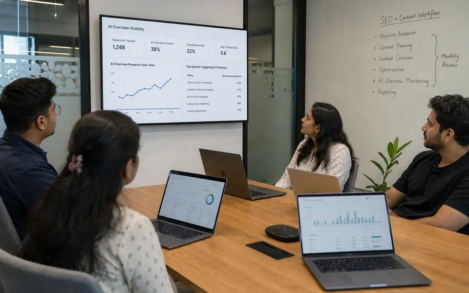 Small B2B marketing team in India reviewing search and analytics dashboards together on laptops in a meeting room.