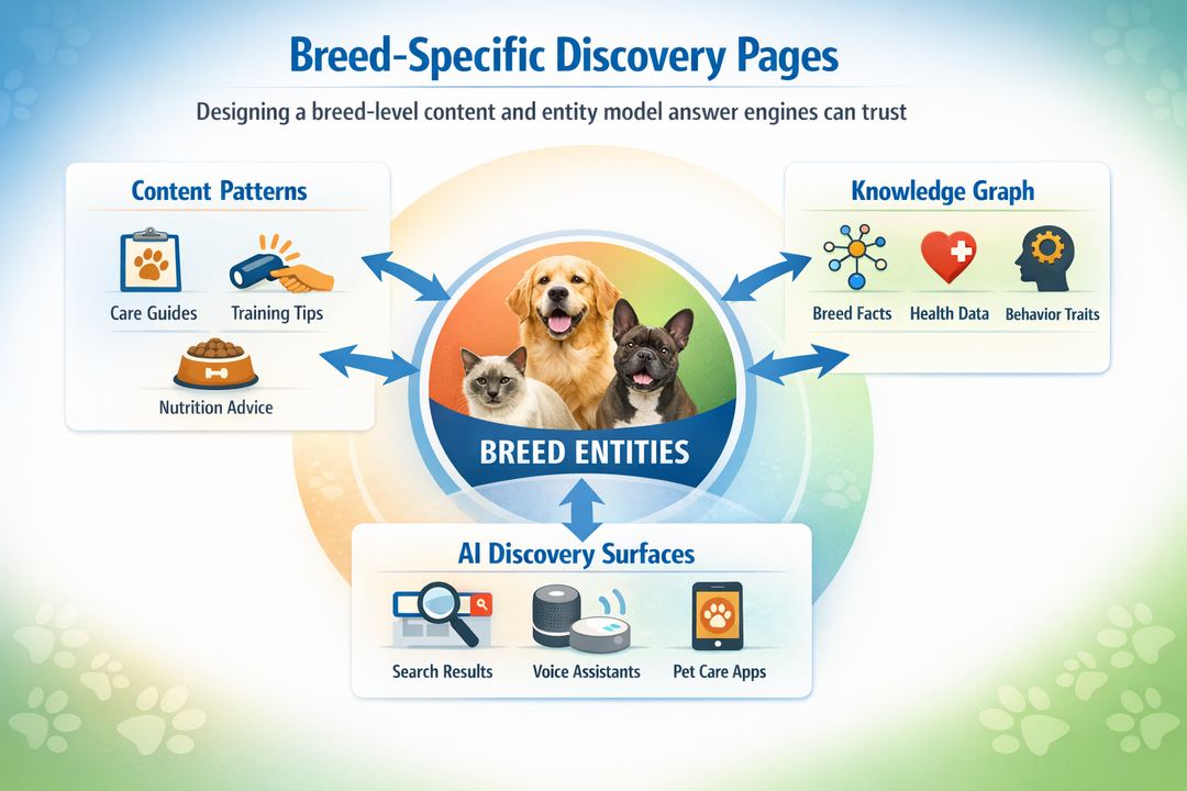 Infographic diagram showing breed entities feeding into content patterns, knowledge graph, and AI discovery surfaces for a pet-care brand.