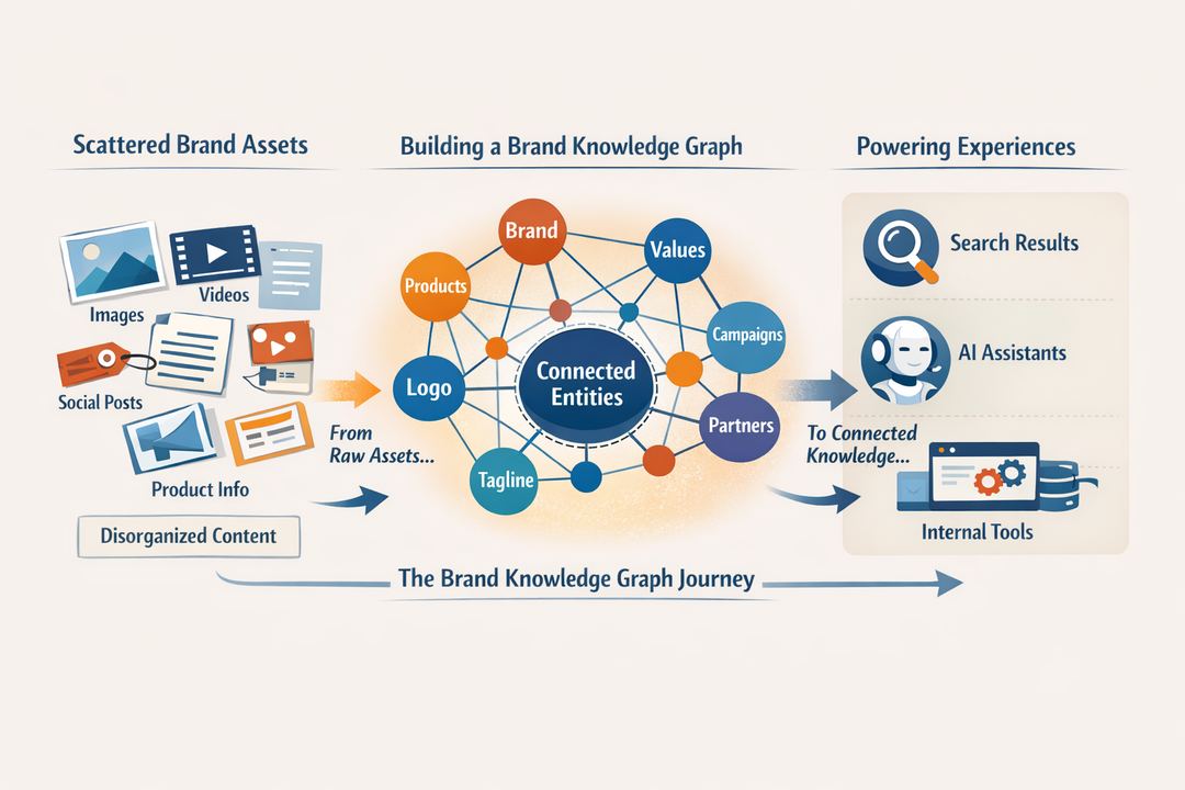 Infographic showing the journey from scattered brand assets to a connected brand knowledge graph feeding search, AI assistants, and internal tools.