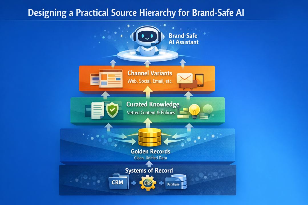 Infographic showing layered enterprise source hierarchy feeding a generative AI assistant, from systems of record up to channel variants.