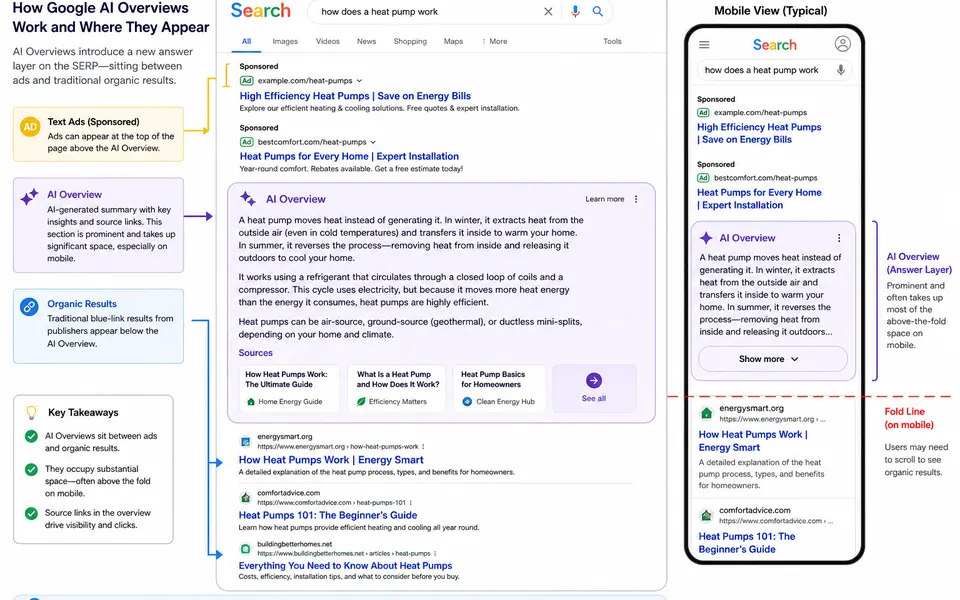 Annotated Google search results page highlighting ads, an AI Overview summary box, and organic publisher listings below.