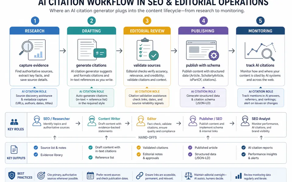 Flow diagram of an SEO content workflow showing stages for research, drafting, review, publishing and monitoring, with checkpoints for citation generation and validation.
