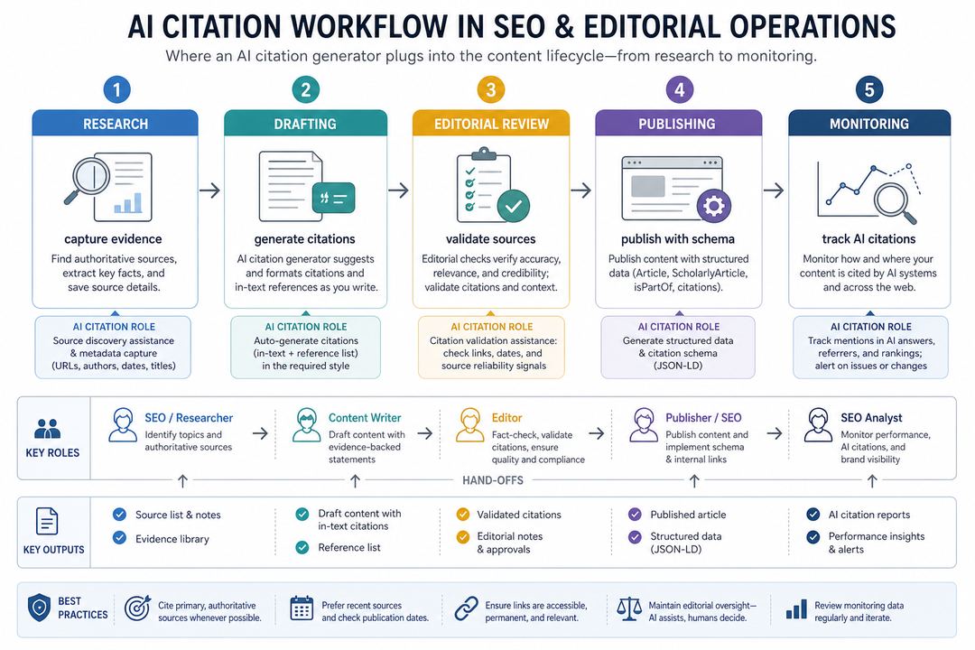 Flow diagram of an SEO content workflow showing stages for research, drafting, review, publishing and monitoring, with checkpoints for citation generation and validation.
