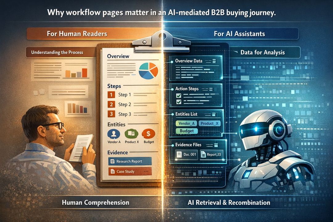 Infographic showing a workflow page serving both human readers and AI assistants, with sections for overview, steps, entities, and evidence.
