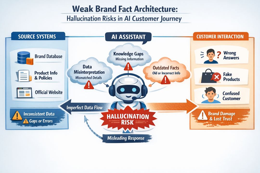 Infographic diagram showing how brand facts flow from source systems into an AI assistant, highlighting points where hallucinations can occur.