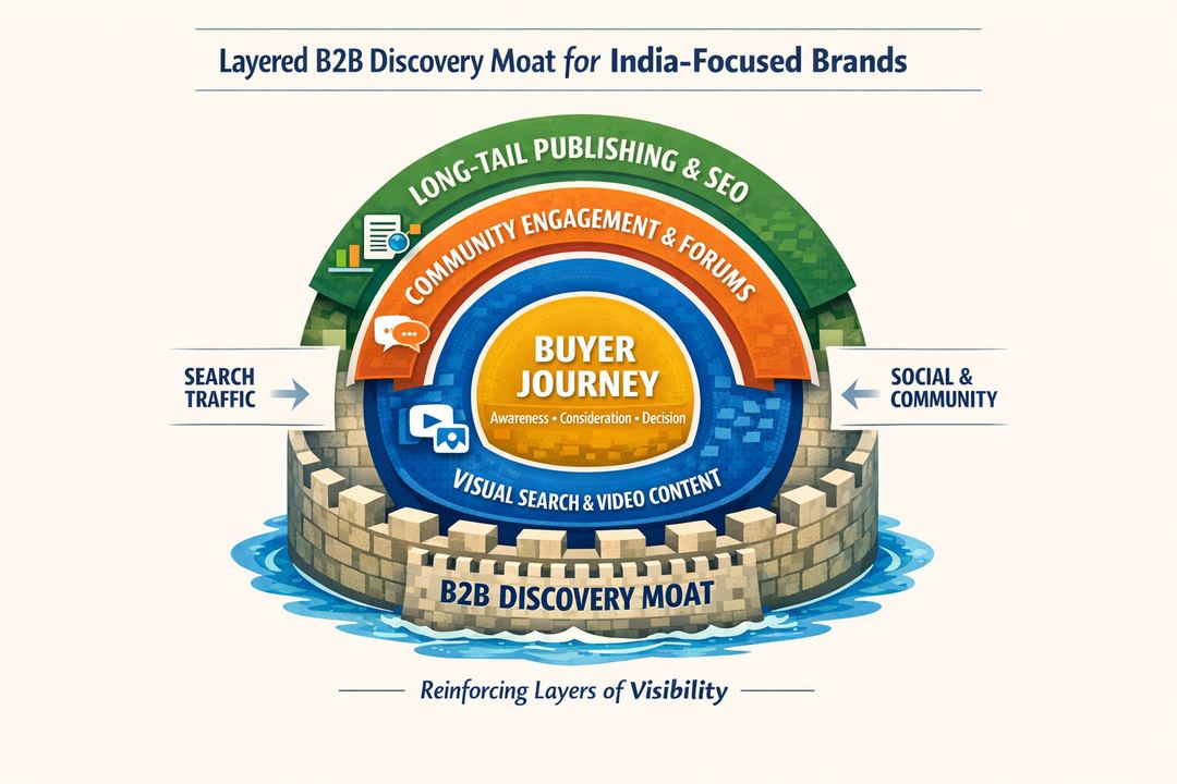 Infographic diagram of a layered B2B discovery moat showing long-tail publishing, community, and visual search as stacked, reinforcing rings around a central buyer journey.