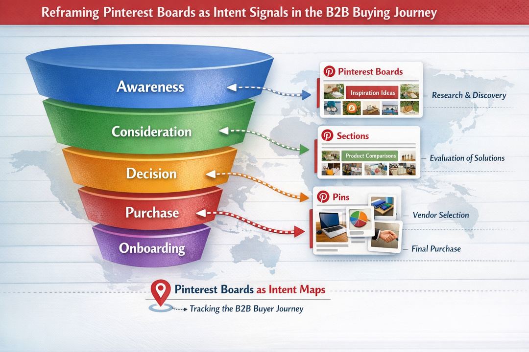 Infographic funnel showing Pinterest boards, sections and Pins mapped to B2B buying stages from awareness to onboarding.