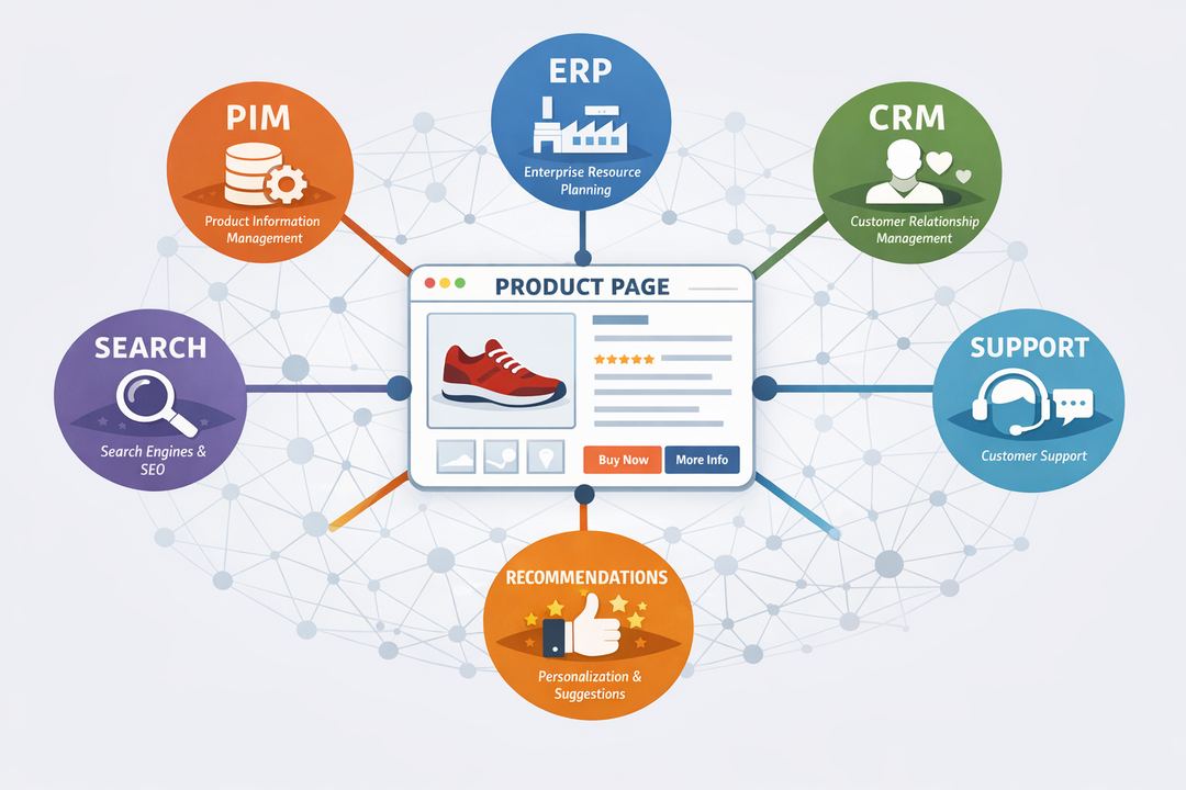 Infographic showing a central product page as an entity node connected to PIM, ERP, CRM, search, recommendations, and support tools.