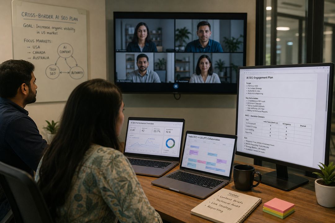 Remote India-based SaaS marketers on a video call with a US AI SEO agency team, collaborating over shared dashboards and documents.