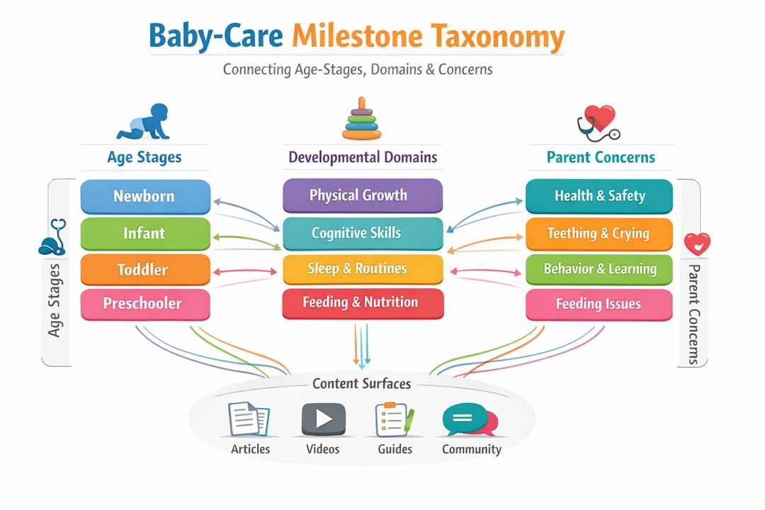 Infographic showing a baby-care milestone taxonomy connecting age stages, domains, and parent concerns across content surfaces.