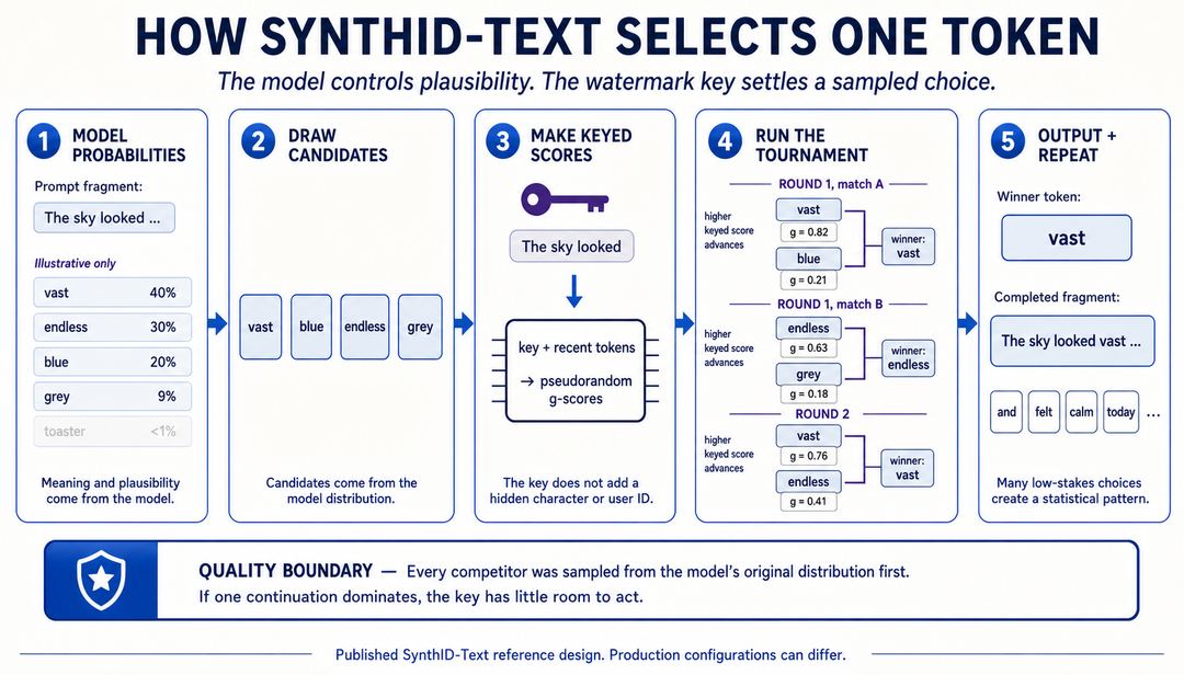 Flow diagram showing ordinary model probabilities producing plausible token candidates before a SynthID key and recent context generate scores for a tournament that emits one token.